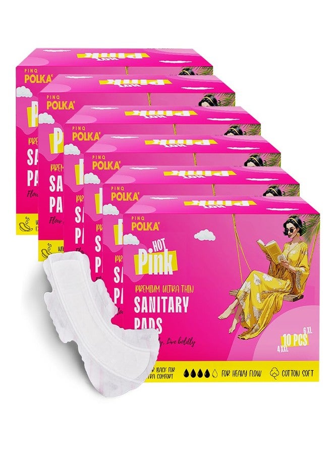 PINQ POLKA Hot Pink Sanitary Pads For Women 60 Ultra-Thin Pads | 36 XL + 24 XXL Sanitary Napkins | Cotton Soft Feel, Rash Free, Skin Friendly, Wider Wing, 5 layers Leak Protection - Image 1